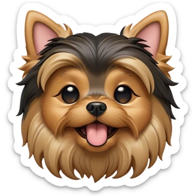 Cinematic Cute Yawning Yorkshire Terrier Portrait Emoji, Head tilted with a playful, drowsy expression and droopy, adorable eyes, featuring a soft, well-groomed fur in rich hues, simplified yet irresistibly endearing, highly detailed, glowing with a warm, cozy radiance, high shine, exuding a relaxed yet spunky charm, styled with a gentle, soft glowing outline, capturing the essence of a Yorkshire Terrier mid-yawn that seems as if it could cuddle right off the screen! sticker