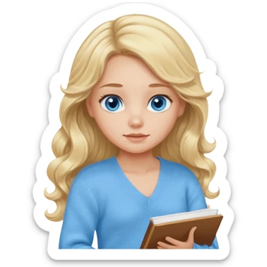 make me an emoji of a blonde girl studying, wear a baby blue v-neck knit jumper and no glasses with long curled hair blue eyes and no blackboard sticker