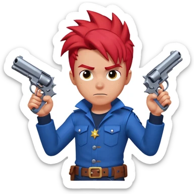 Colt from Brawl Stars, aiming his revolvers, energetic expression, spiky red hair, blue outfit sticker