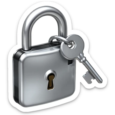 A chrome silver lock and key emoji, smooth metallic surfaces, glossy reflections, luxury swag vibe, minimal iOS emoji style, centered on clean white background sticker