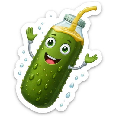 a cartoon pickle with juice squirting from the top of it, being squeezed by a hand sticker