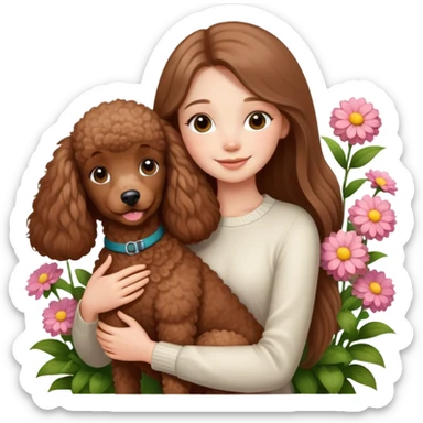 A beautiful girl with long straight hair happily hugs a brown poodle in the flowers sticker