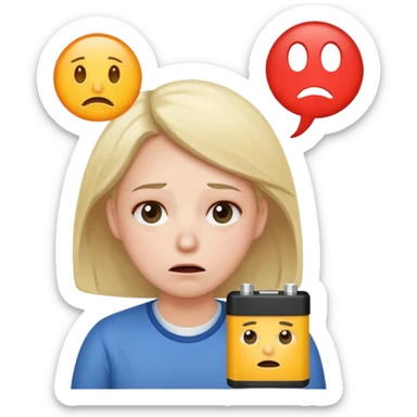 A kindergardenteacher with an empty battery icon above their head an exhausted and stressed face sticker