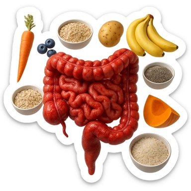 intestino umano anatomico infiammato con carota, bowl di avena, mirtilli, bowl di semi di chia, patate, banane, zucca, bowl di riso che gli fluttuano dietro, iperrealistico 4k sticker