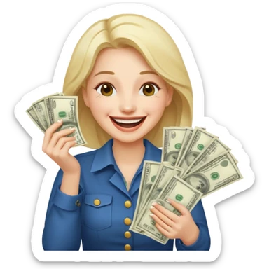 laughing woman holding lots of money sticker