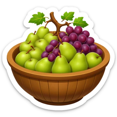 medieval fruit bowl object icon, grapes apples pears, clay bowl, warm rustic look, 3D cartoon, mobile game icon style, clean background, no text, no watermark
 sticker