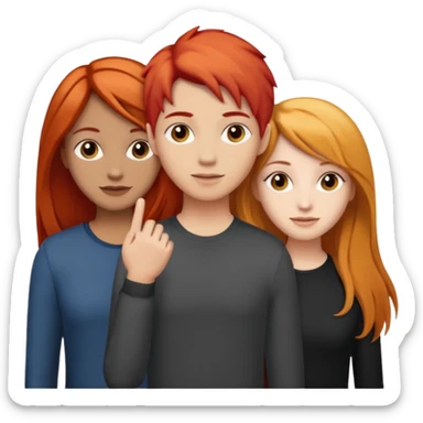 Can you create an image of 3 friends together one with red bright hair light skin one the other with brown hair with some blonde highlights in the hair fair skin the last one with light brown a tint of orange hair and black long hair sticker