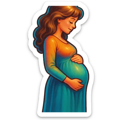 pregnant girl in long dress standing sideways holding belly, retro stickers style, soft rounded shapes, expressive contours, vintage color palette, light paper texture, shadows and highlights, transparent background sticker