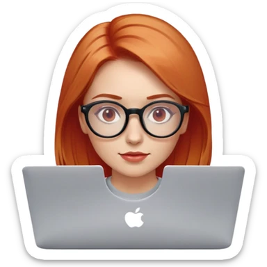 Девушка лет 28, рыжий блонд, длина волос чуть ниже плечей, овальное лицо (не длинное), очки с круглой оправой прозрачно красными стеклами. Изображение по пояс, она сидит за ноутбуком sticker