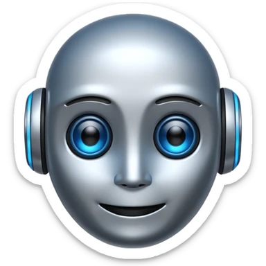 friendly AI robot emoji with a smiling face, simple and approachable design, metallic features, glowing blue eyes sticker
