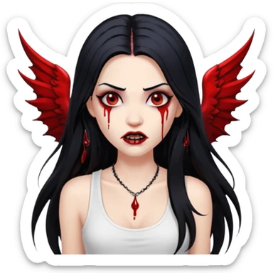 White woman with a white tank top long black hair glossy middle part long hair vamp look with fangs or blood dripping down lips brown eyes eyeliner winged with lashes top and bottom white border sticker