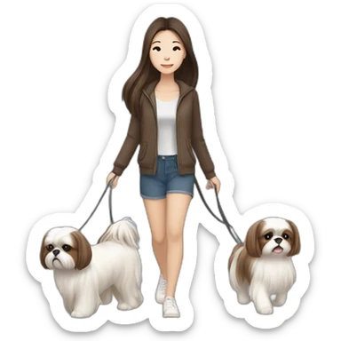 a asian girl with long brown hair walking with a white and brown shih tzu sticker