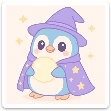 chubby penguin in wizard attire, starry cloak, glowing orb, wise and friendly expression, cute style sticker