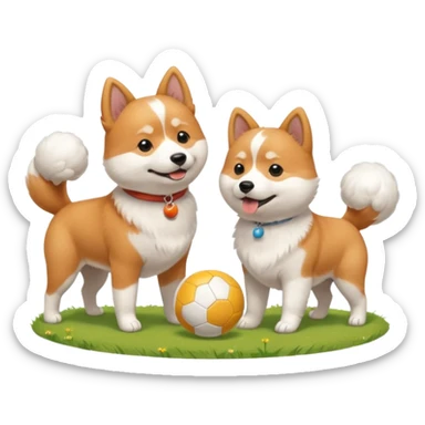 2 dogs, one ginger shiba inu and one white coton de tulear, playing with a ball in a sunny garden sticker