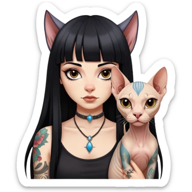 girl with long black  straight bangs hair and tattoos and a Sphynx sticker
