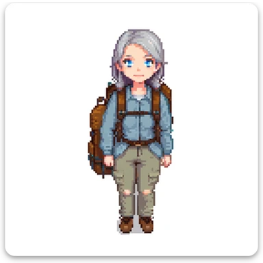 white woman park ranger with blue eyes, brown and gray hair, wearing a backpack, standing in a nature background sticker