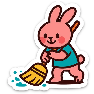 rosy bunny sweeping floor with broom, vibrant-toon style sticker