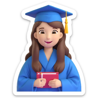 girl with long brown hair in graduation clothes with hat and robe smiling, emoji style sticker