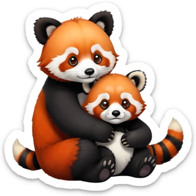 Small red panda perched on a large panda bear sticker