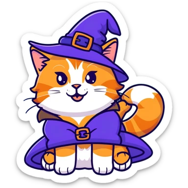 full body Maine coon ginger tabby cat flopped over on her back wearing an indigo witch hat sticker