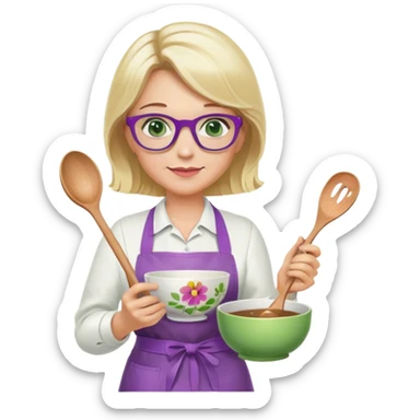 middle aged woman with shoulder length blonde hair, purple glasses, green eyes, wearing a flower apron, holding a bowl in one hand and a mixing spoon in the other sticker