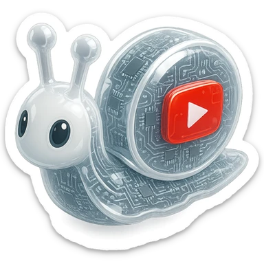 white robot snail with YouTube play button, glossy circuit style sticker