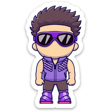 male athlete with white skin and moderately curly dark brown hair on top with shaved sides, wearing ski goggles with purple frames and very dark black lenses, a simple plain black chain necklace, and a completely unzipped sleeveless vest with purple and black sequin fire pattern design with no logo, fully revealing his chest, shoulders and arms, no earrings sticker