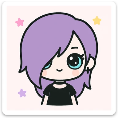 goth girl with purple asymmetrical hair, blue eyes, pale skin, chibi style sticker