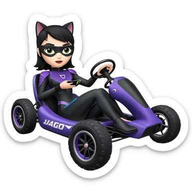 full size real-appearance electric road Lego racing sexy CatWoman’s feminine midnight-colored tight outfit sixty’s tv show dark stealthy accurate sporty safe plush deluxe off-road pursuit drifting car jaguar (black hair,reclined and relaxed torso and shoulders back seating position) cross kart  sticker