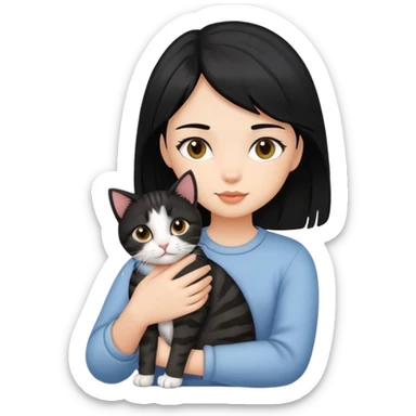 Black hair girl holding a tabby cat sticker