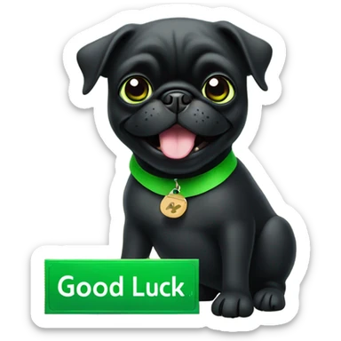 Black pug holding a green sign that says good luck  sticker