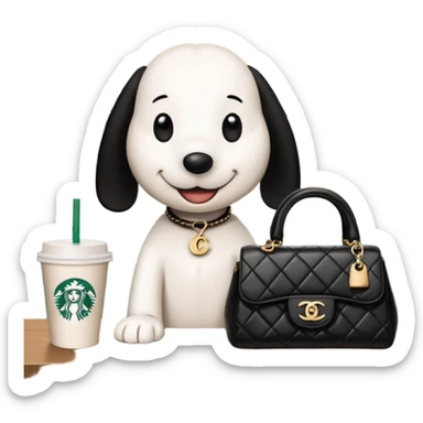 snoopy in a desk with starbucks and his chanel purse sticker