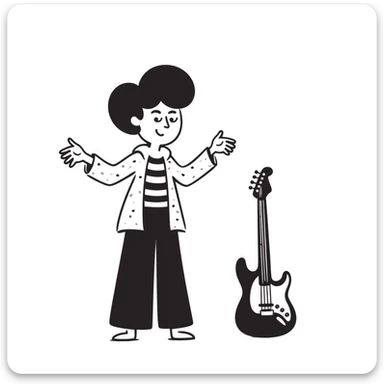 A musician smiling and shrugging shoulders with a carefree attitude, happy and unbothered expression, suggesting "it's up to you if you continue like this, I'm happy" sticker