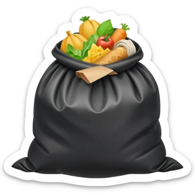 emoji-style icon of a trash bag leaking food waste, flies and stink lines, unsanitary, clear at small size, no text sticker