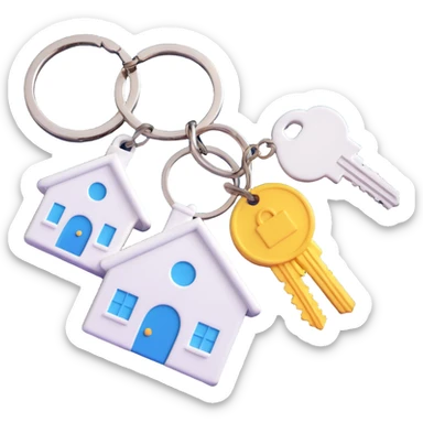 side view of three white keys on a ring with a white house-shaped keychain, 3D Emoji style, soft shadows and highlights, no decoration, transparent background sticker