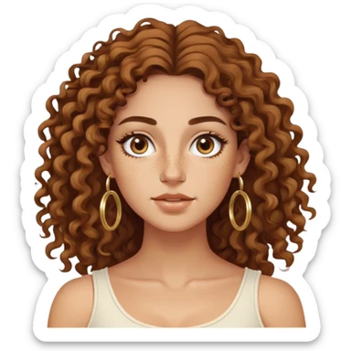 Attractive Greek woman with a wide face, freckles, long curly brown hair and gold hoop earrings sticker