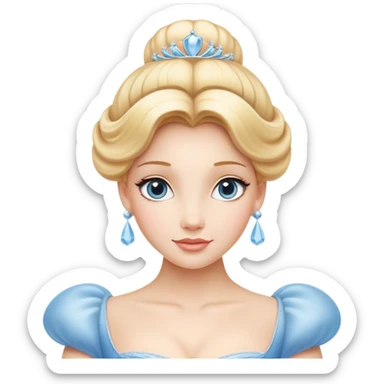 Cinematic Elegant Cinderella Portrait Emoji, rendered in a cinematic, vector-style with minimal shading and bold, simplified shapes. Depict Cinderella in her classic ball gown (chest and above) with fair, porcelain skin and elegantly styled blonde hair, her eyes soft and kind, and her expression serene and graceful. The design glows with a gentle, enchanting radiance and high shine, capturing the timeless beauty of a fairy tale princess. sticker