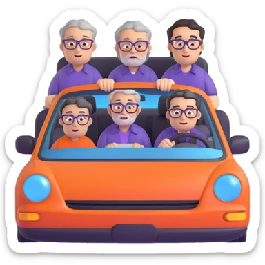 orange car front view with three people inside: driver man with purple shirt, stubble, round face; front seat man with gray hair, glasses, checkered shirt, round face; back seat man with black hair, glasses, black t-shirt, sharp face sticker