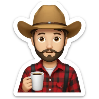 generate an ios genmoji of a 20 year old tan boy with a cowboy hat and side burn beard. Wearing a flannel and carrying a coffee mug sticker