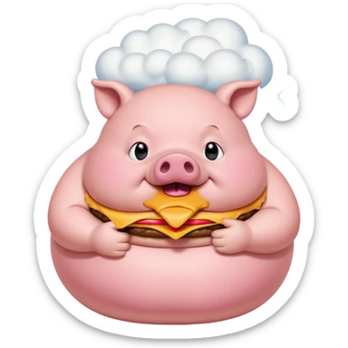 fat obese pig eating burger with fart cloud surrounding around it sticker