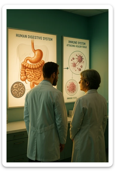 In italiano Realistic, detailed photo taken from behind of two doctors—a bearded man and a middle-aged woman—standing side by side in a modern medical office, intently studying a large, illuminated medical chart on the wall. The chart displays a detailed diagram of the human digestive system, highlighting the intestines and showing microscopic images of intestinal parasites. Next to it, another chart illustrates the immune system attacking healthy tissues, visually connecting gut parasites to autoimmune disease mechanisms. The room is bathed in a single green-blue color, with a warm, yellow-orange light casting soft shadows around the doctors. Both wear white coats and have serious, focused expressions, suggesting a deep discussion about the root causes of autoimmune conditions. Shot with a Canon EOS R5, with high detail, natural depth of field, and a clinical yet dramatic atmosphere. sticker