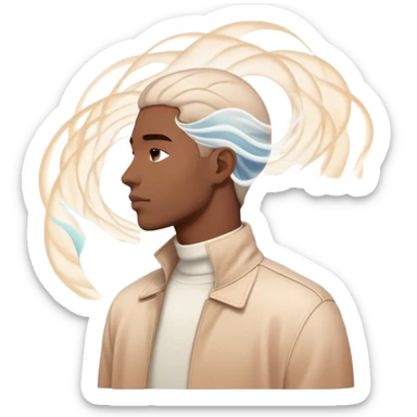 Minimalist male profile surrounded by ethereal energy waves with clothing items and accessories floating around it, style inspiration concept sticker