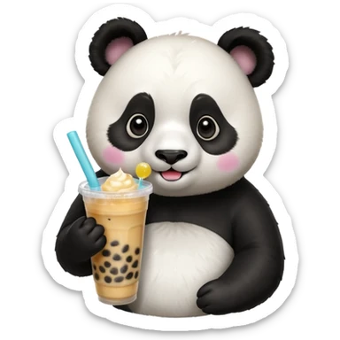 A panda drinking bubble tea, excited about the toppings, portrait, bust up sticker