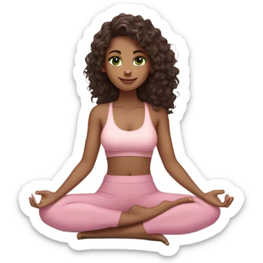 Dark brown long curly hair and green eyes yoga beautiful young woman in light pink pink pink clothes sitting on a yoga mat sticker