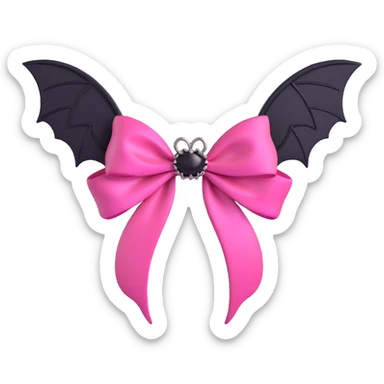 3D emoji style pink bow with gothic effect, hot pink satin, black bat wing accents, and silver chain details sticker