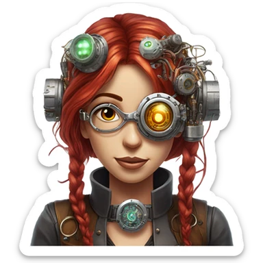 Female cyborg head with long red hair silver steampunk monocle goggles a smile and circuits sticker