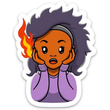 African American woman with long hair, frustrated expression, hair on fire sticker