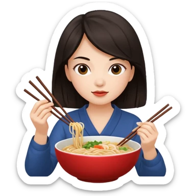 chica joven con piel clara y pelo oscuro comiendo un bowl de comida sticker
