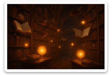 a magical library, floating books, glowing lights, whimsical atmosphere sticker