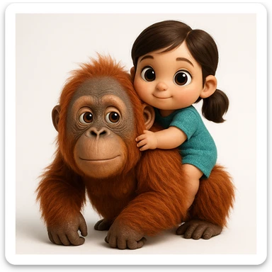 {
  "rendering": "3D rendered digital illustration",
  "materials": "high-detail textures with realistic material rendering",
  "lighting": "studio lighting with soft diffused shadows",
  "shading": "soft ambient occlusion, subsurface scattering on skin",
  "forms": "rounded smooth forms",
  "background": "clean white background",
  "eyes": "glossy reflective eyes",
  "colors": "vibrant saturated colors",
  "surface_detail": "detailed surface textures including fur strands and fabric weave",
  "animal_proportions": "naturalistic proportions for animals and objects",
  "human_proportions": "cute stylized proportions with large expressive eyes for human characters only",
  "subject": "orangoutang"
} sticker